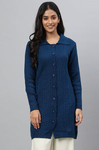 Blue Shirt Collar Long Coat