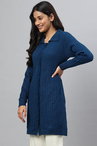 Blue Shirt Collar Long Coat