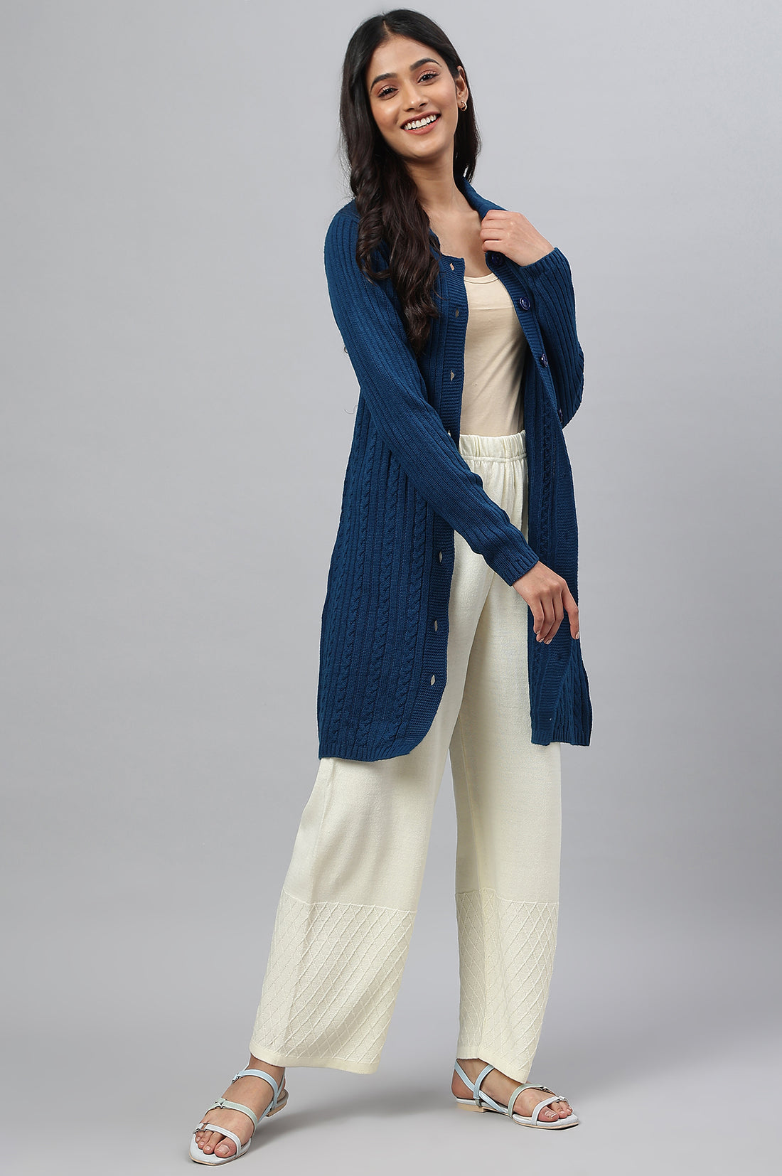 Blue Shirt Collar Long Coat