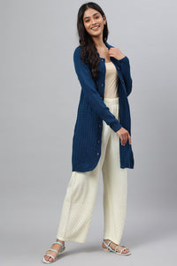Blue Shirt Collar Long Coat