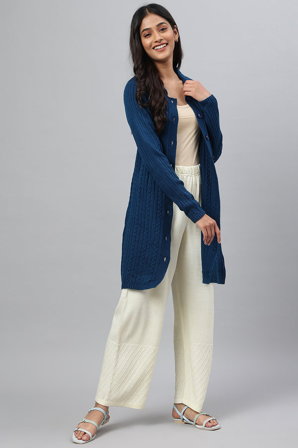 Blue Shirt Collar Long Coat