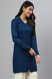 Blue Shirt Collar Long Coat