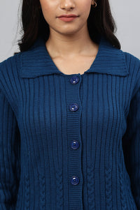 Blue Shirt Collar Long Coat