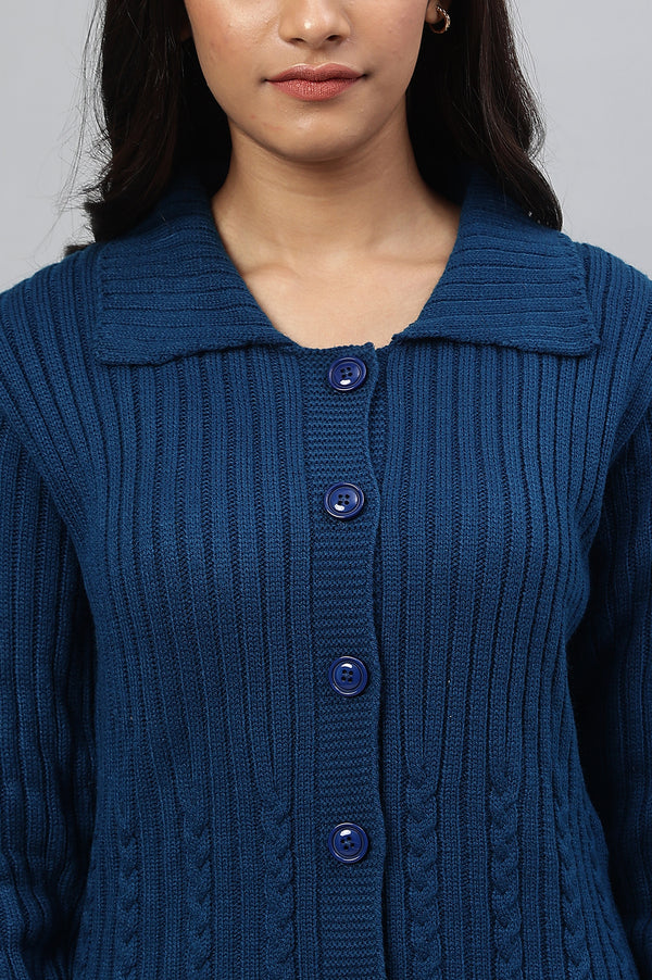 Blue Shirt Collar Long Coat