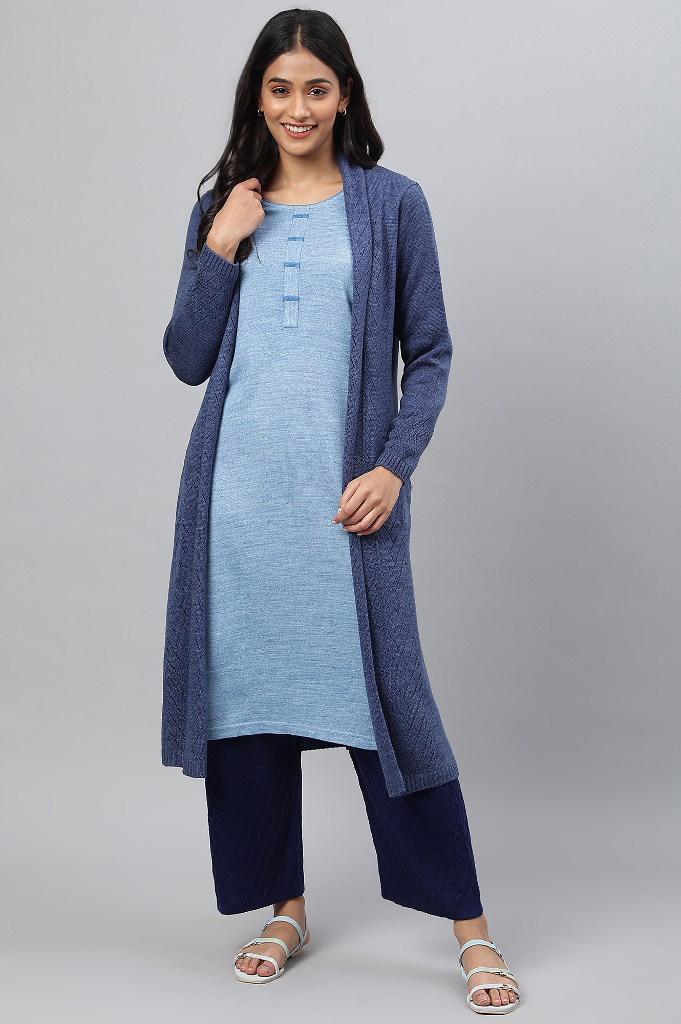 Blue Shawl Collar Front Open Cardigan