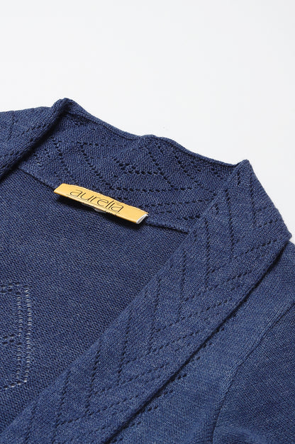 Blue Shawl Collar Front Open Cardigan