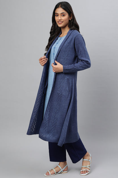 Blue Shawl Collar Front Open Cardigan