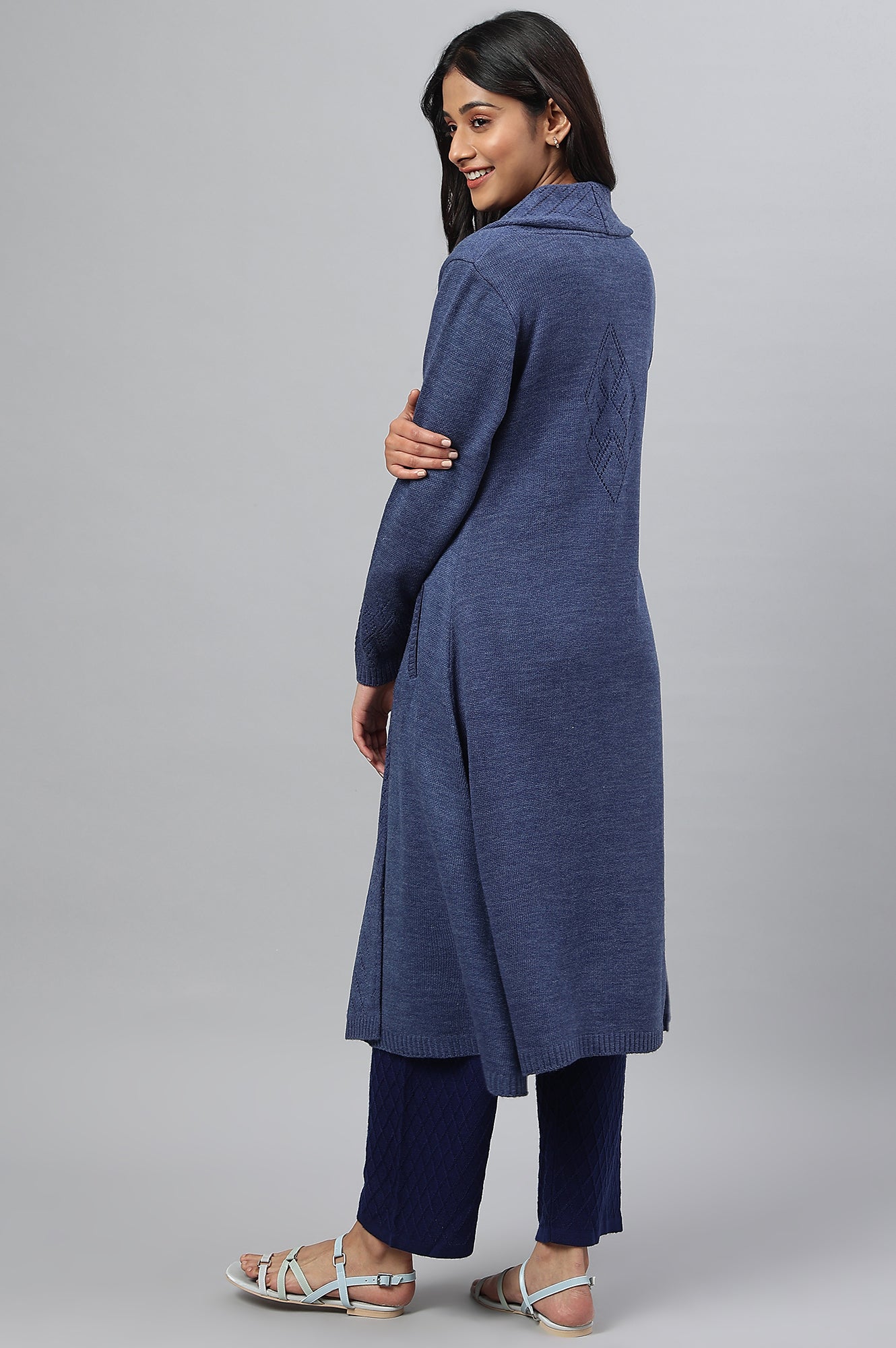 Blue Shawl Collar Front Open Cardigan