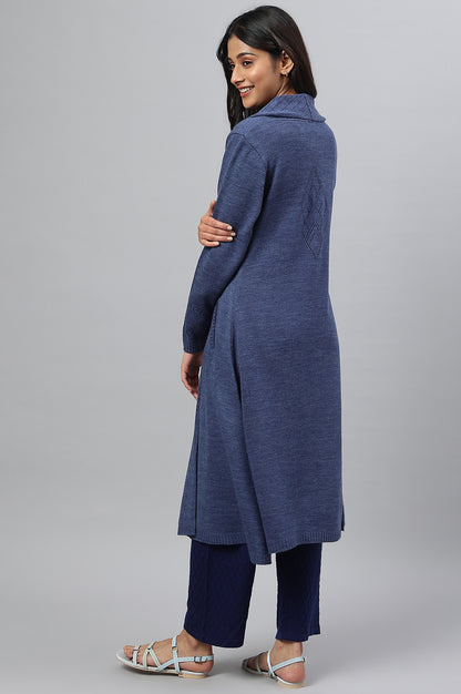 Blue Shawl Collar Front Open Cardigan