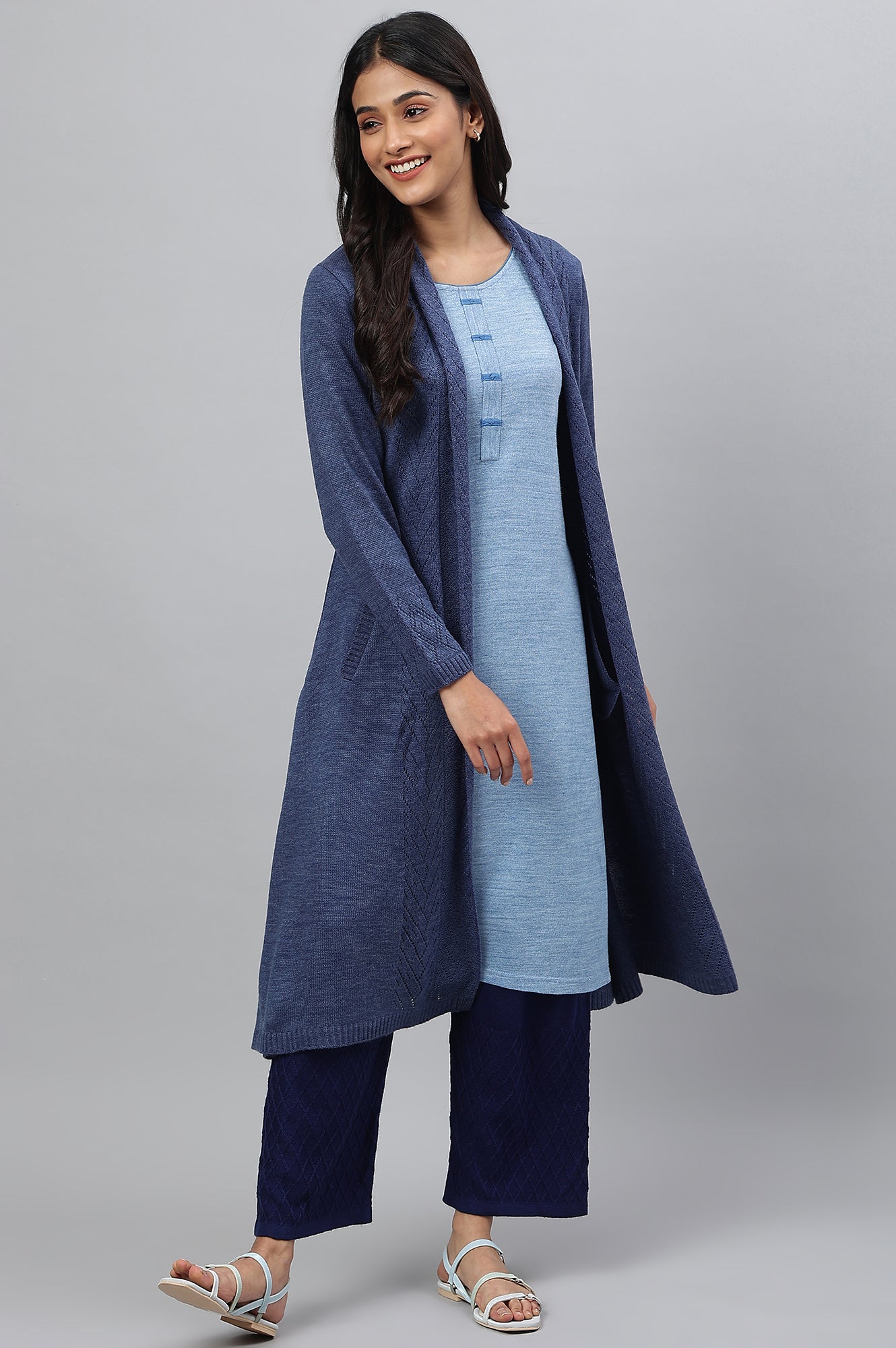 Blue Shawl Collar Front Open Cardigan