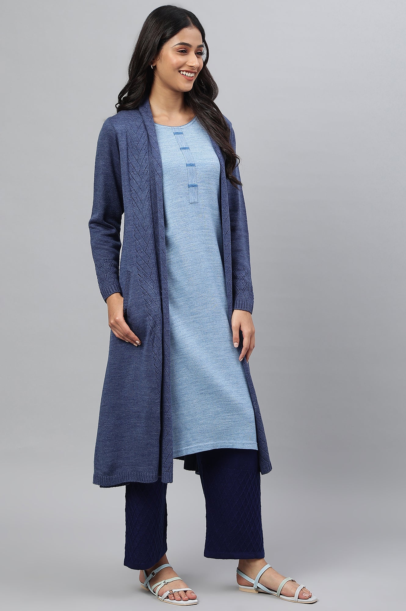 Blue Shawl Collar Front Open Cardigan