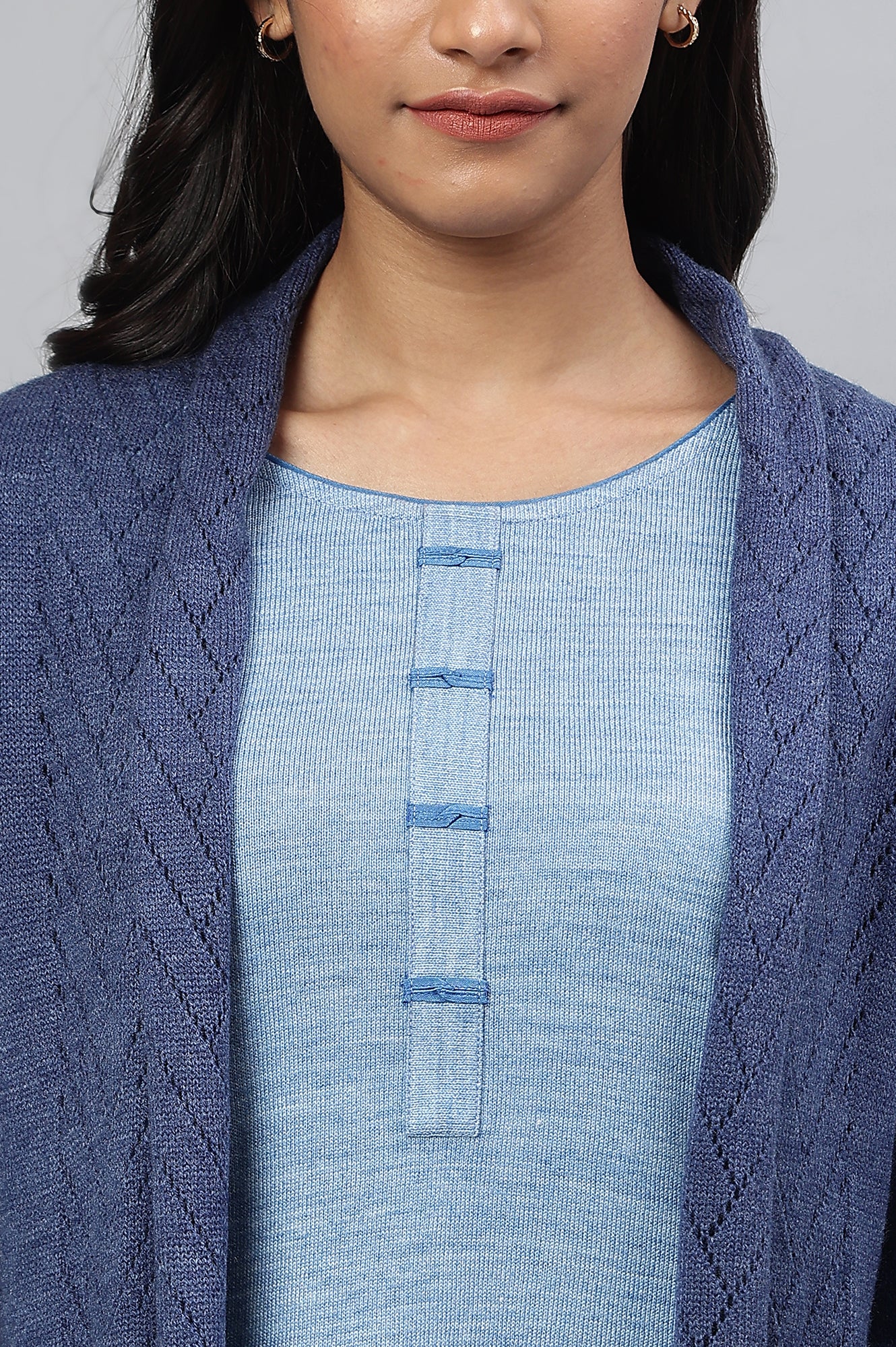 Blue Shawl Collar Front Open Cardigan