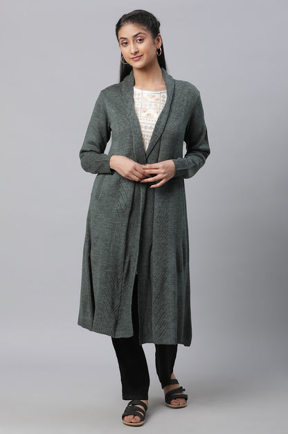 Green Shawl Collar Front Open Cardigan