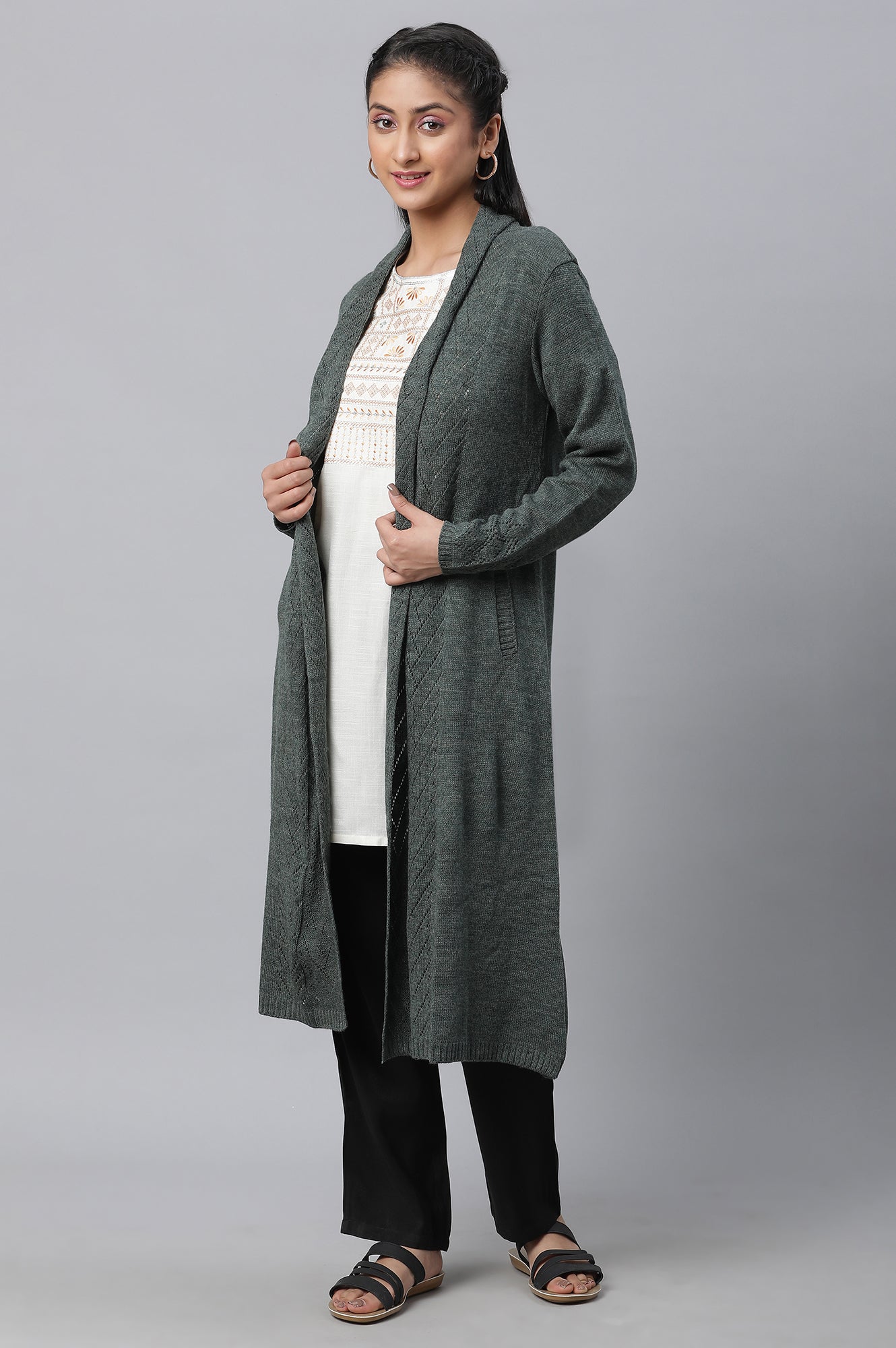 Green Shawl Collar Front Open Cardigan