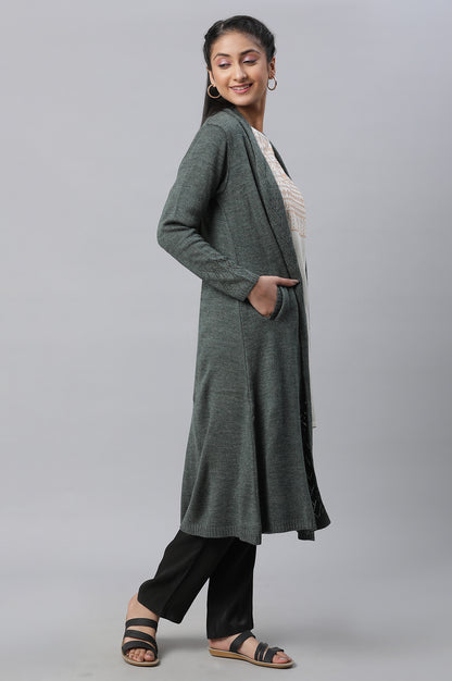 Green Shawl Collar Front Open Cardigan