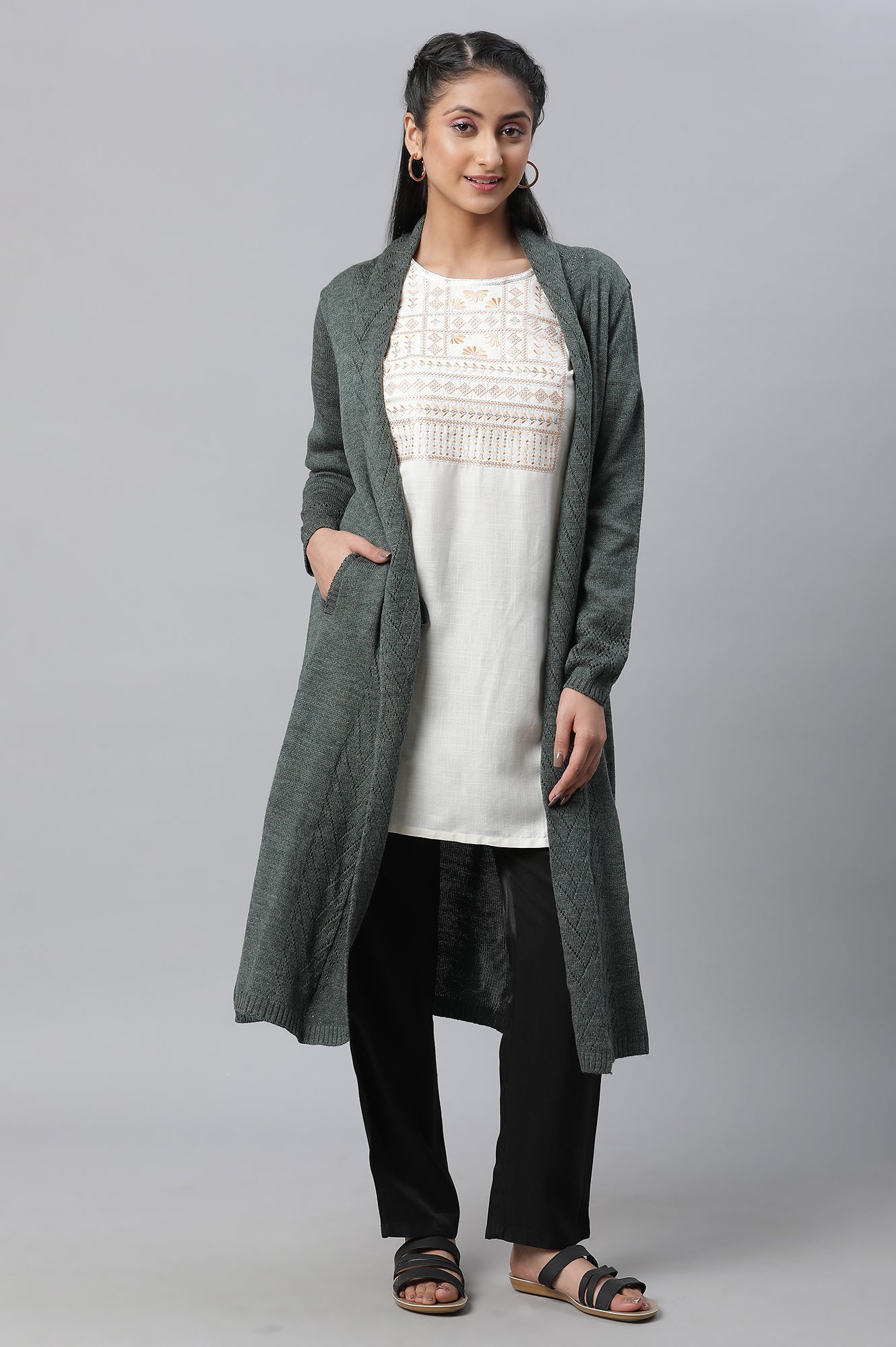 Green Shawl Collar Front Open Cardigan