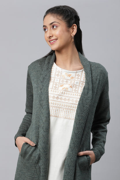 Green Shawl Collar Front Open Cardigan