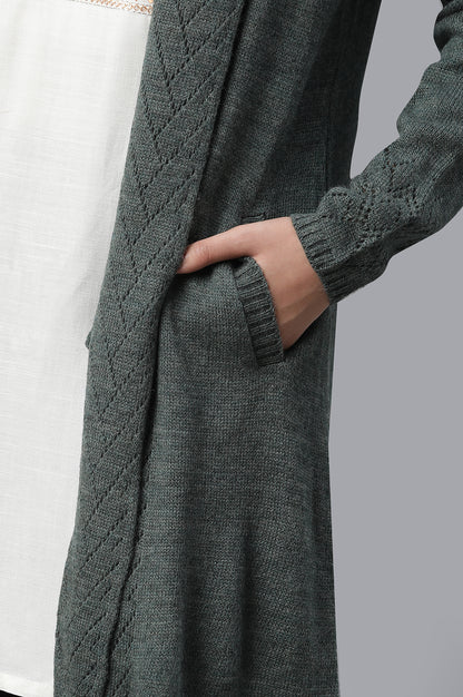 Green Shawl Collar Front Open Cardigan