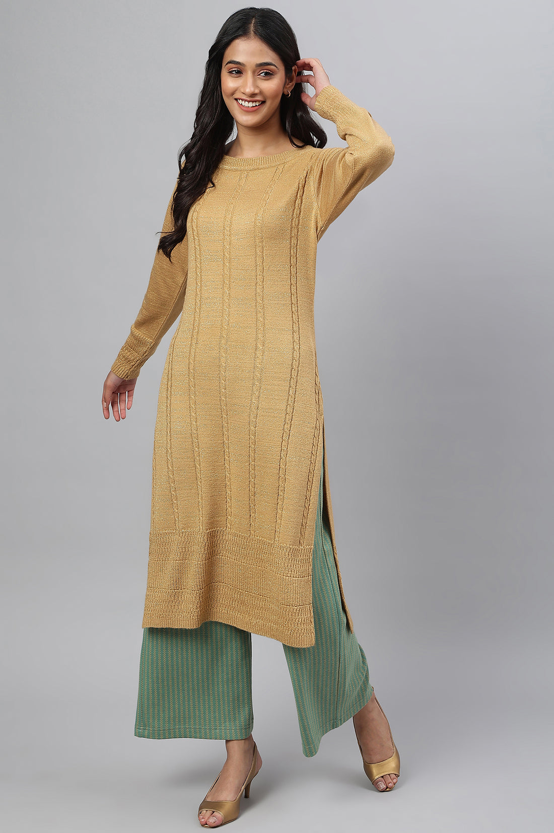 Green Straight Jacquard Winter Palazzo
