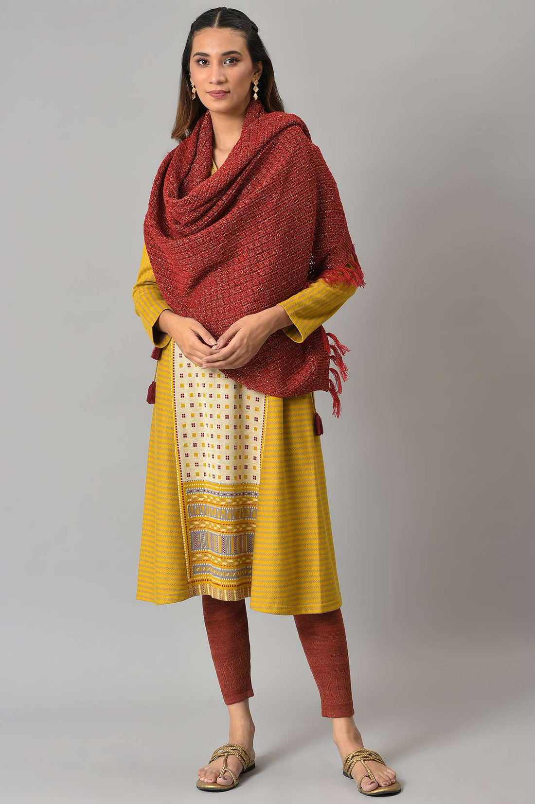 Red Acrylic Yarn Dyed Women Shawl