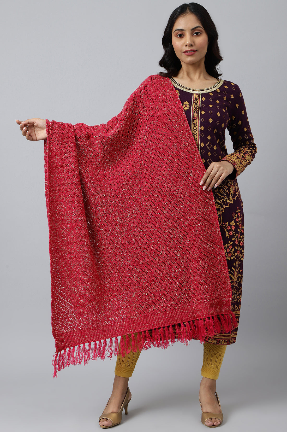 Pink Acrylic Yarn-dyed Women Shawl