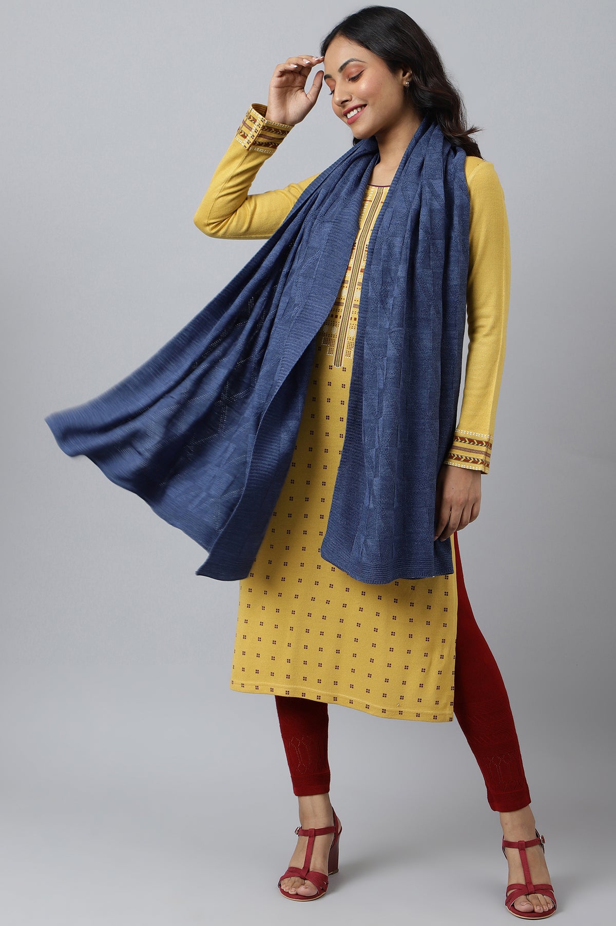Blue Acrylic Yarn-dyed Women Shawl - FS