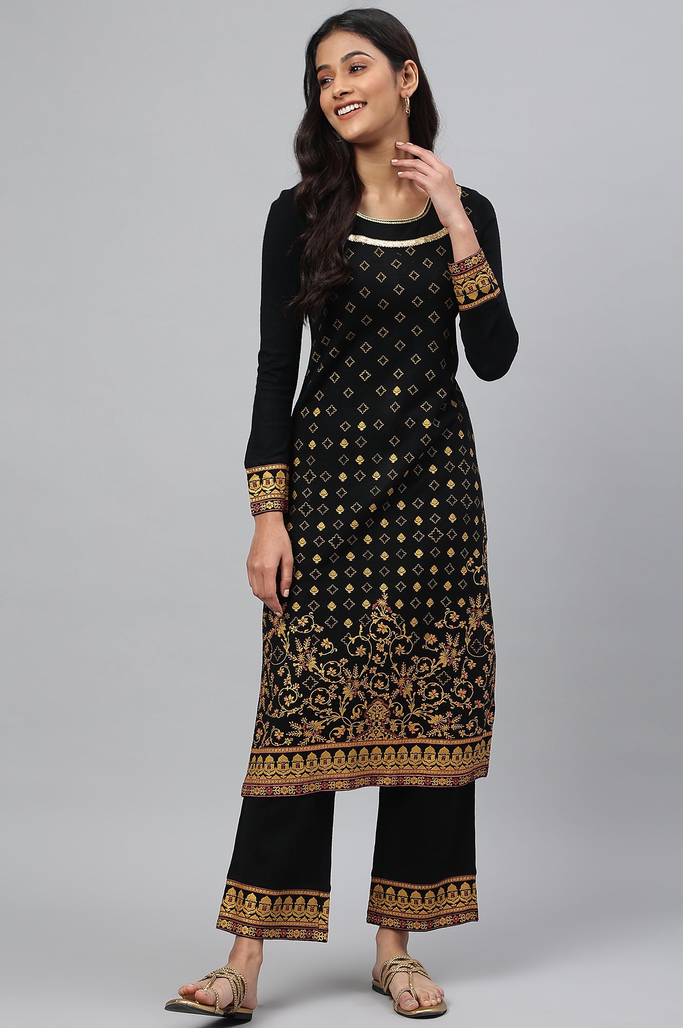 Black Gold Printed Festive Winter kurta and Pants Set