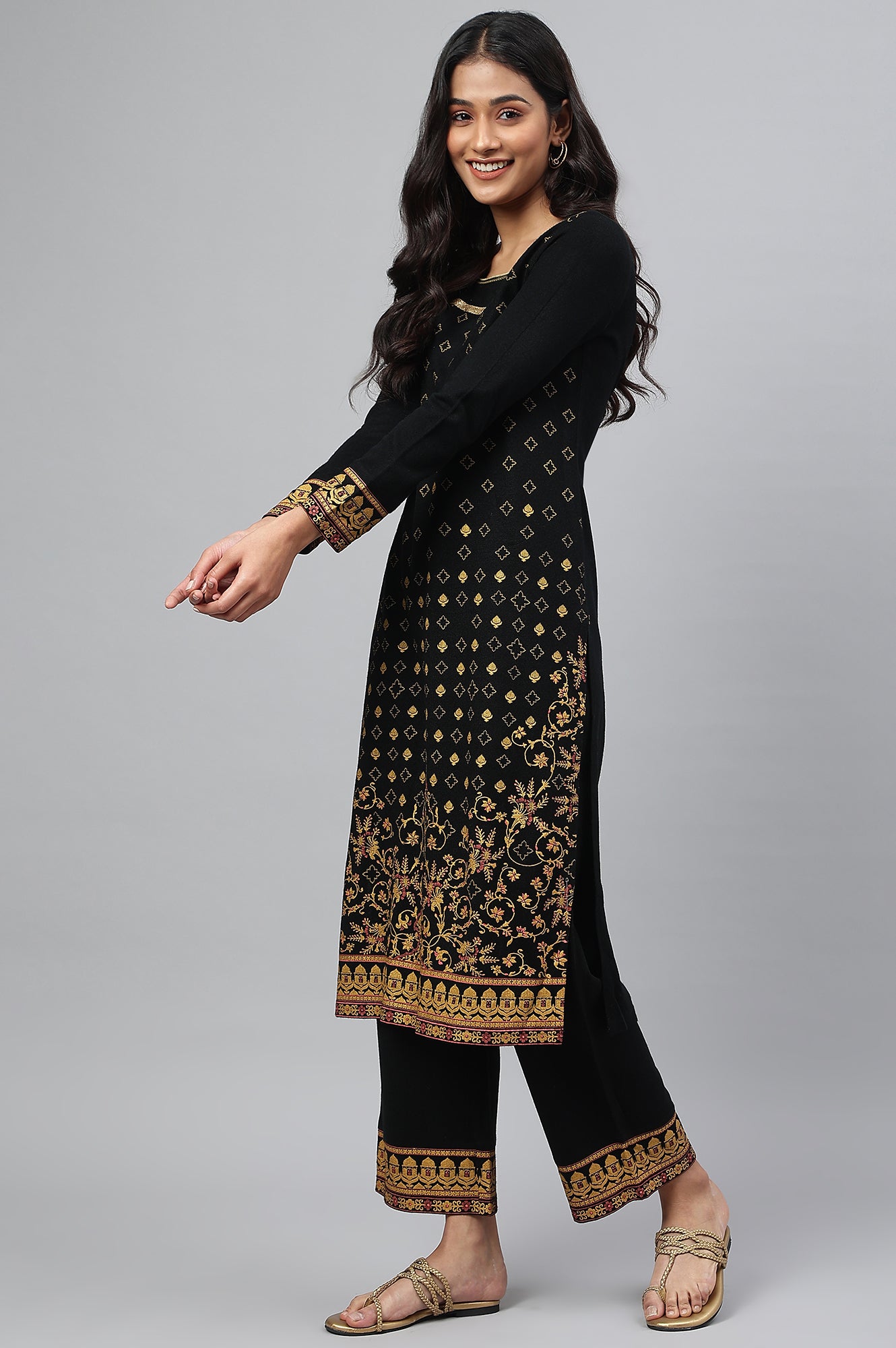 Black Gold Printed Festive Winter kurta and Pants Set