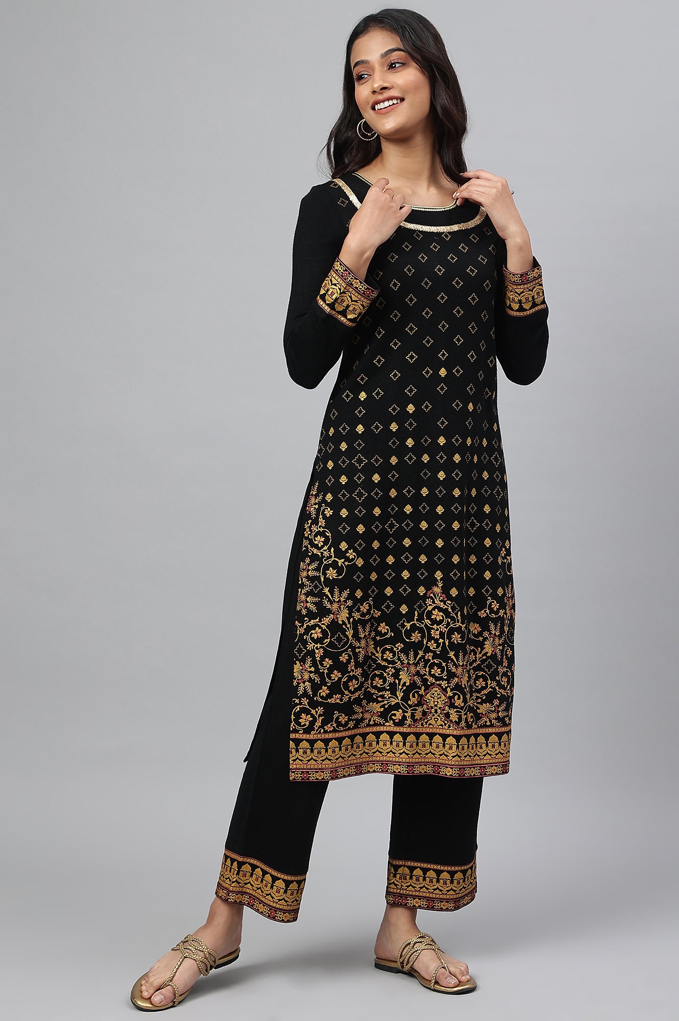 Black Gold Printed Festive Winter kurta and Pants Set