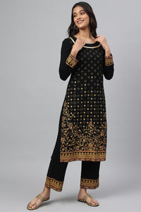 Black Gold Printed Festive Winter kurta and Pants Set
