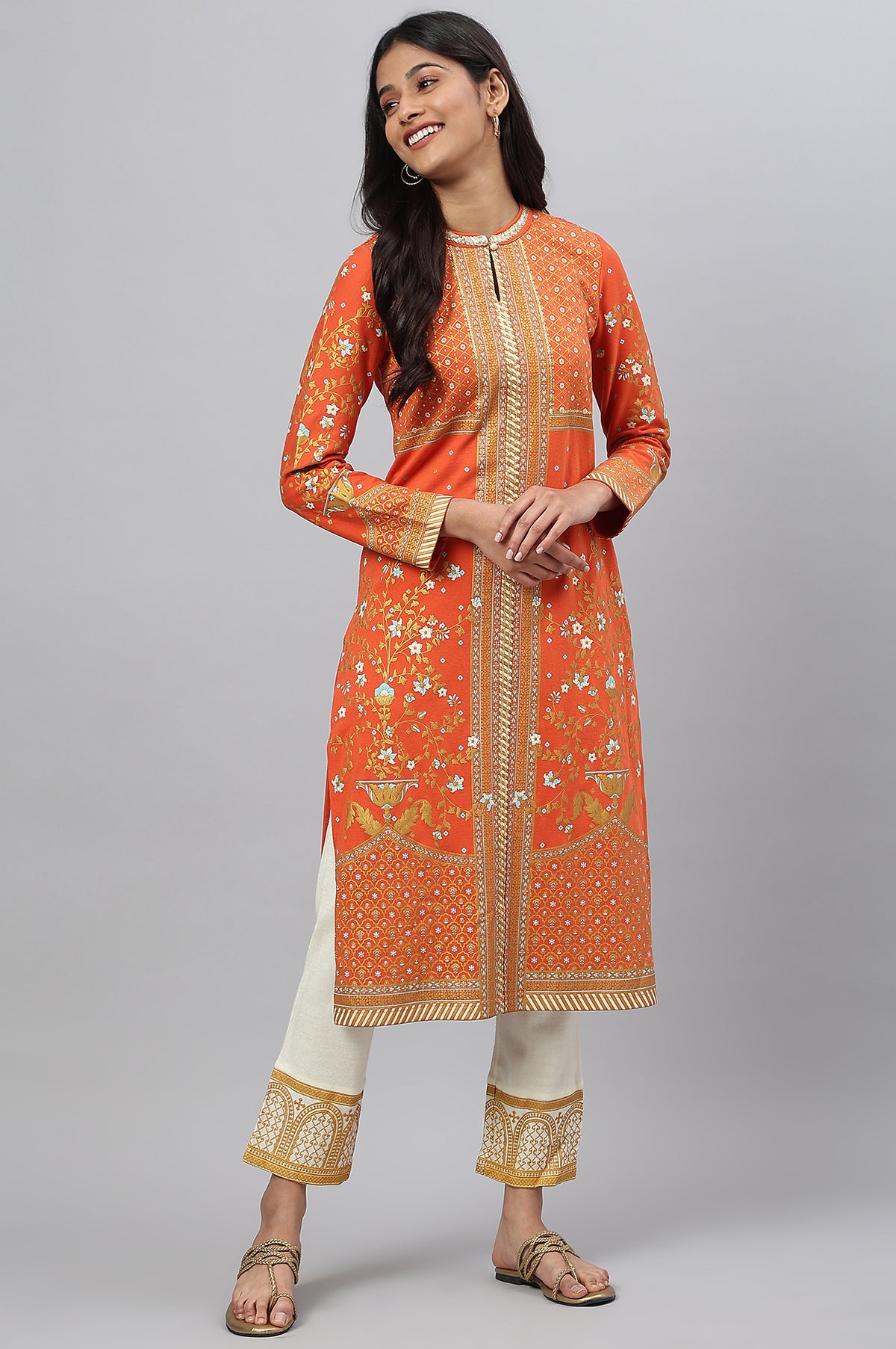 Orange Gold Printed Festive Winter kurta and White Pants Set - XS