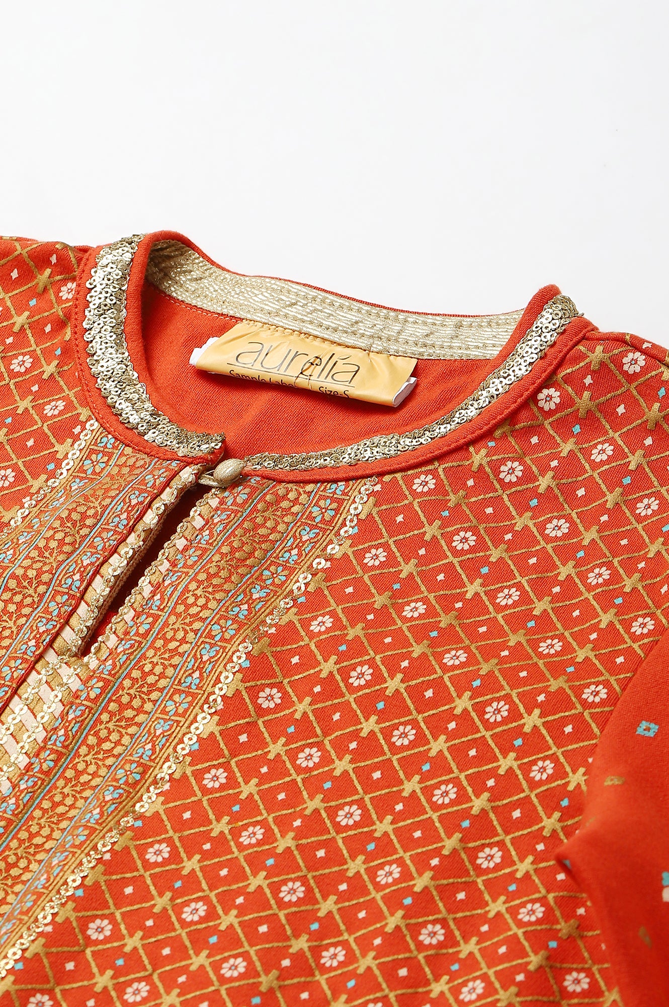 Orange Gold Printed Festive Winter kurta and White Pants Set