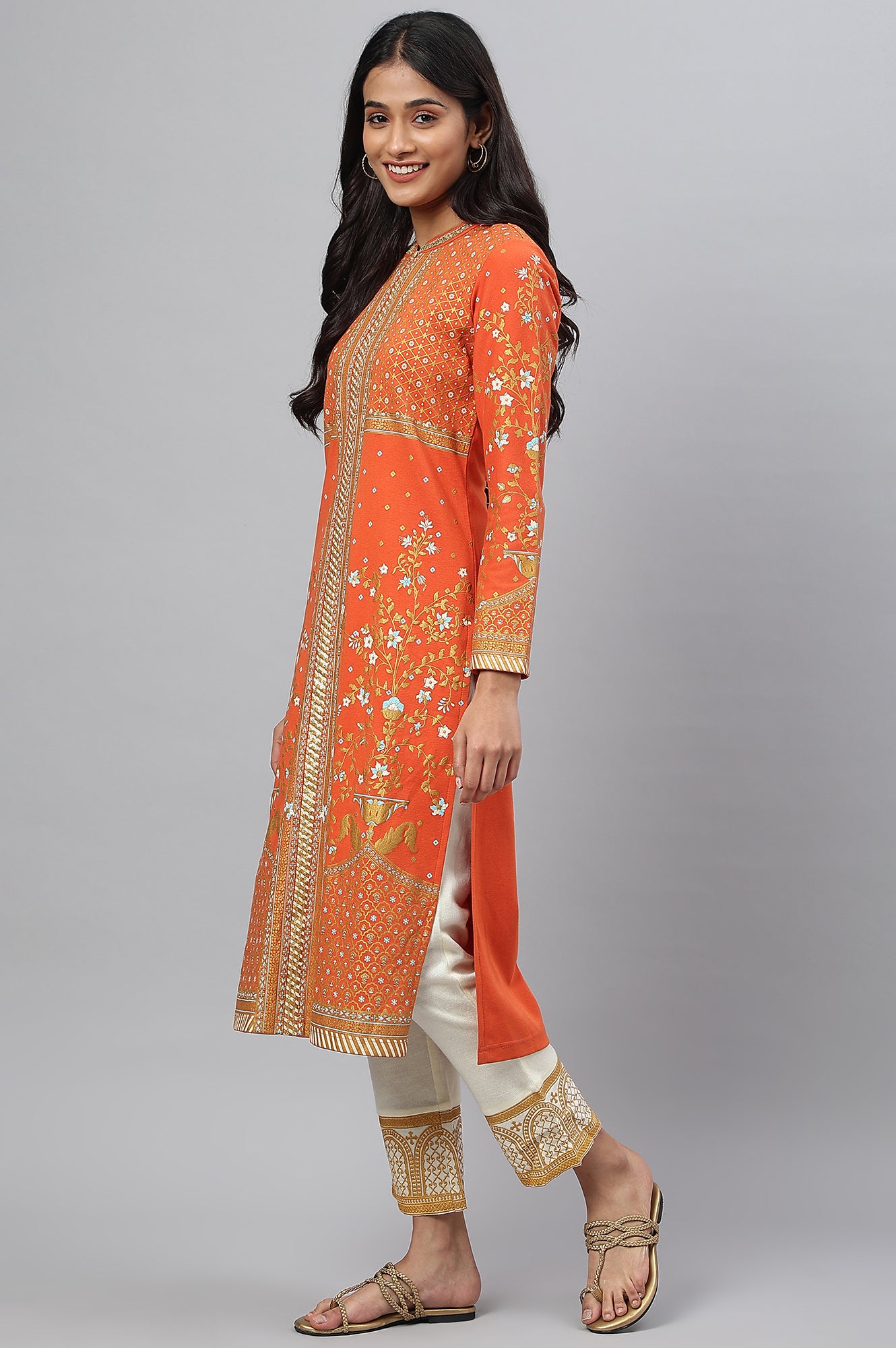 Orange Gold Printed Festive Winter kurta and White Pants Set