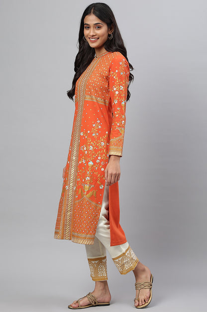 Orange Gold Printed Festive Winter kurta and White Pants Set