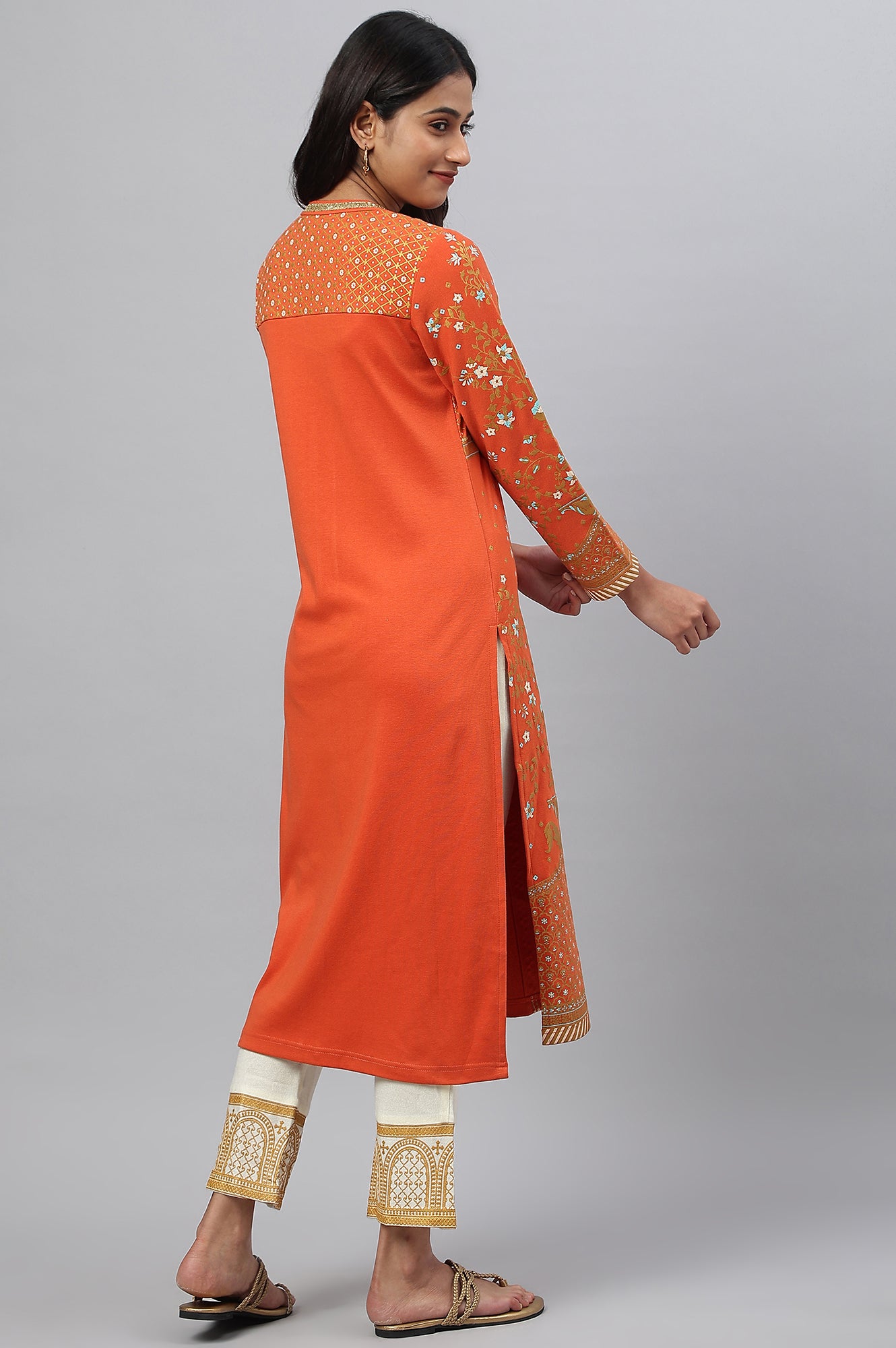 Orange Gold Printed Festive Winter kurta and White Pants Set