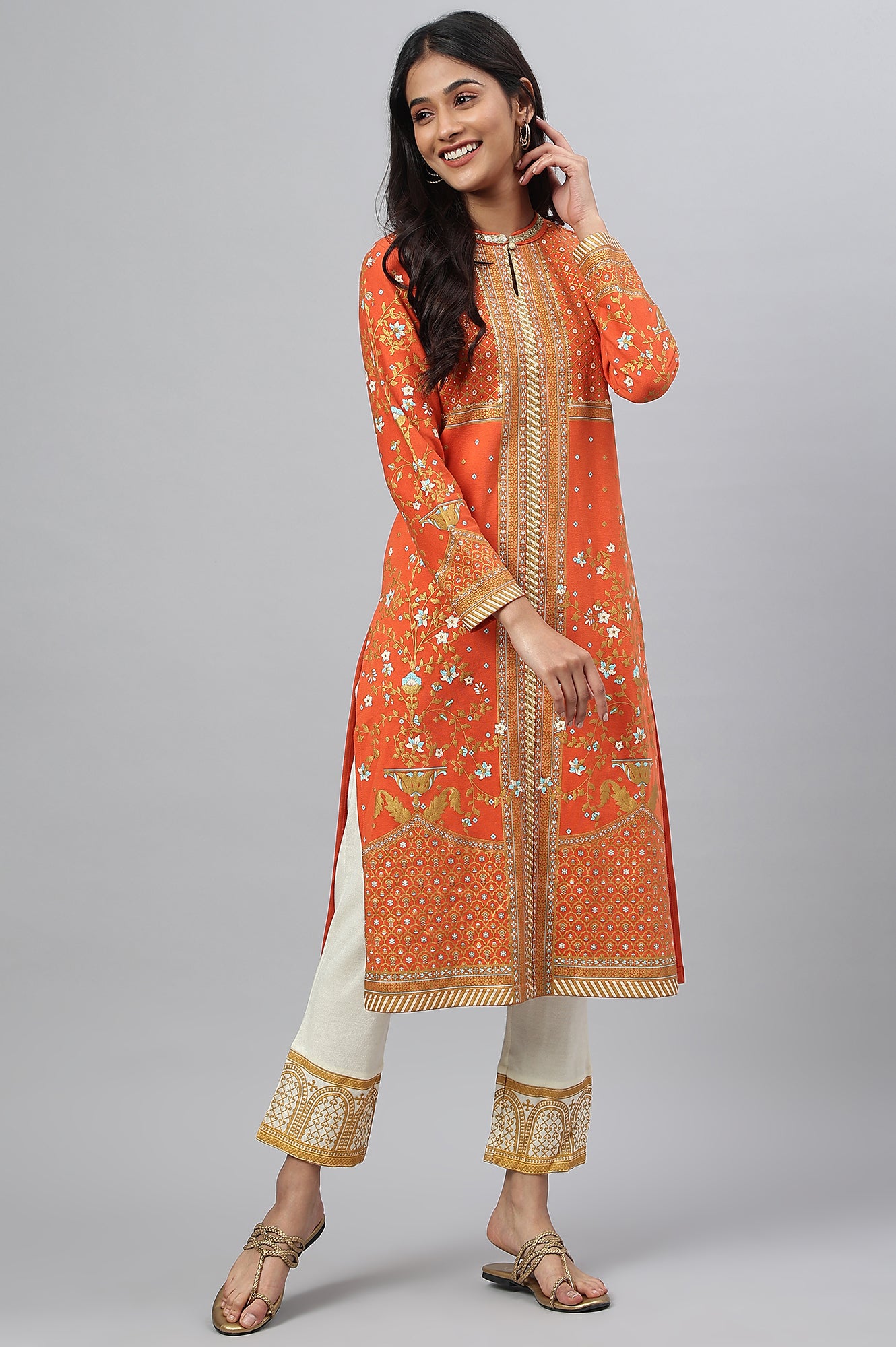 Orange Gold Printed Festive Winter kurta and White Pants Set