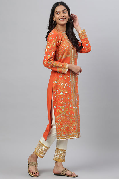 Orange Gold Printed Festive Winter kurta and White Pants Set