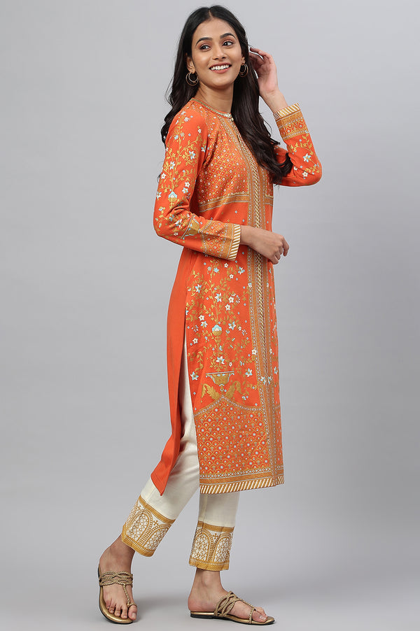 Orange Gold Printed Festive Winter kurta and White Pants Set