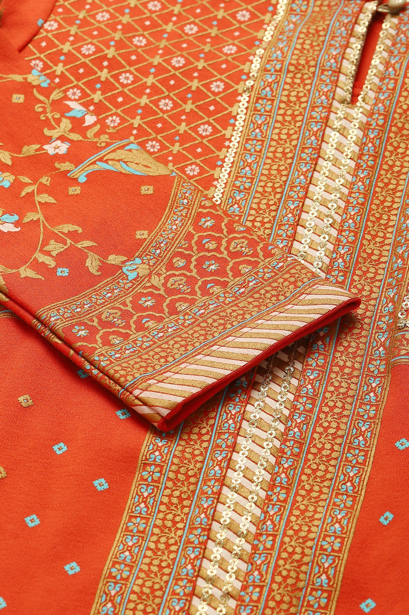 Orange Gold Printed Festive Winter kurta and White Pants Set