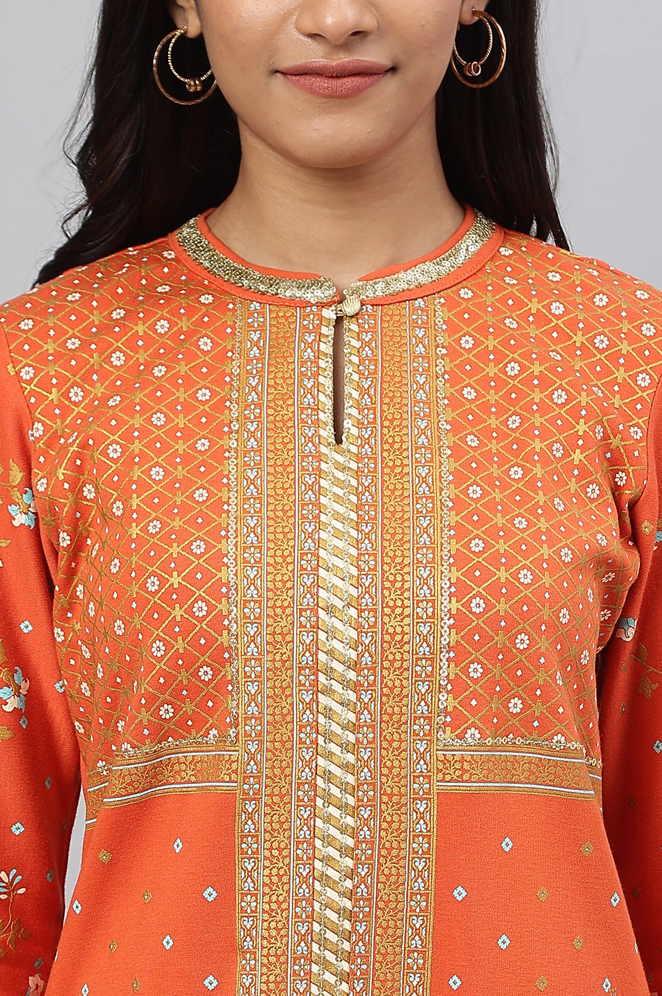 Orange Gold Printed Festive Winter kurta and White Pants Set