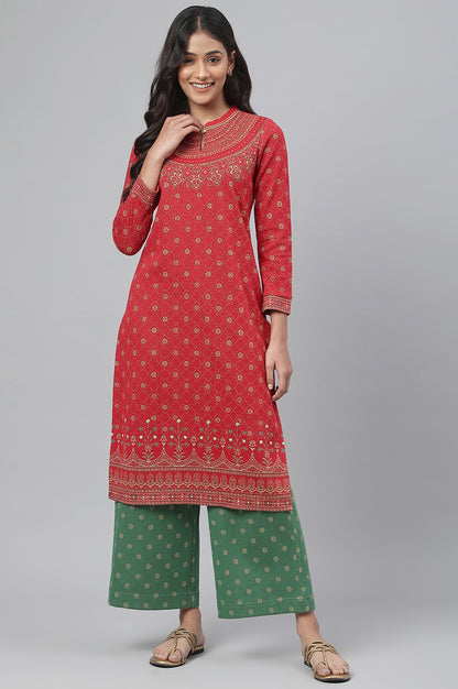 Red Jacquard Winter kurta with Green Printed Palazzo Pants Set