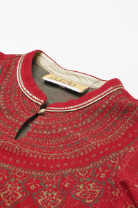 Red Jacquard Winter kurta with Green Printed Palazzo Pants Set