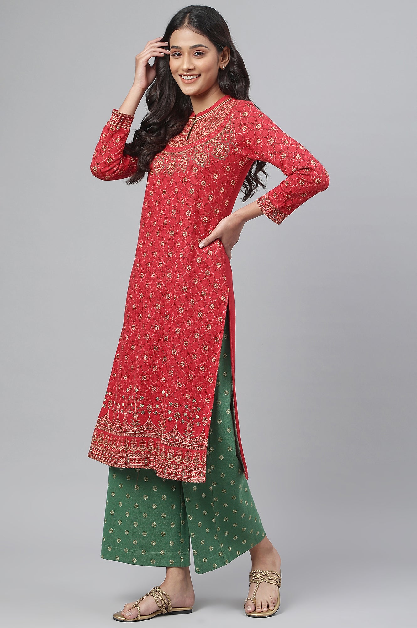 Red Jacquard Winter kurta with Green Printed Palazzo Pants Set