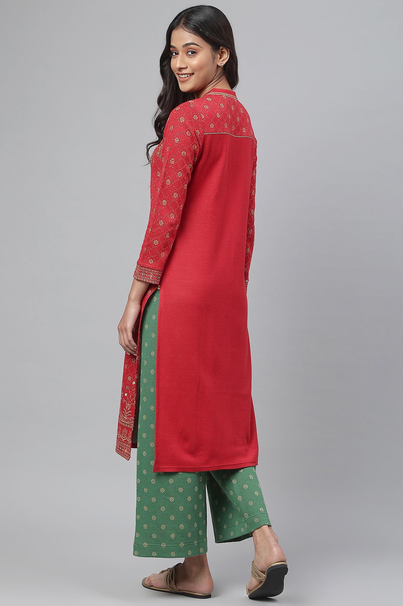 Red Jacquard Winter kurta with Green Printed Palazzo Pants Set