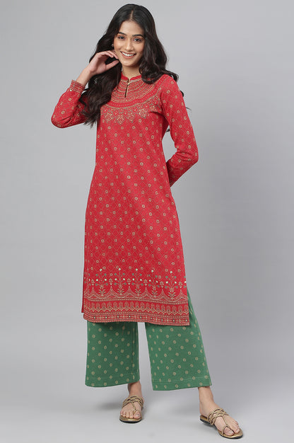 Red Jacquard Winter kurta with Green Printed Palazzo Pants Set