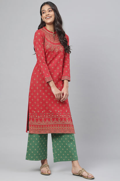 Red Jacquard Winter kurta with Green Printed Palazzo Pants Set