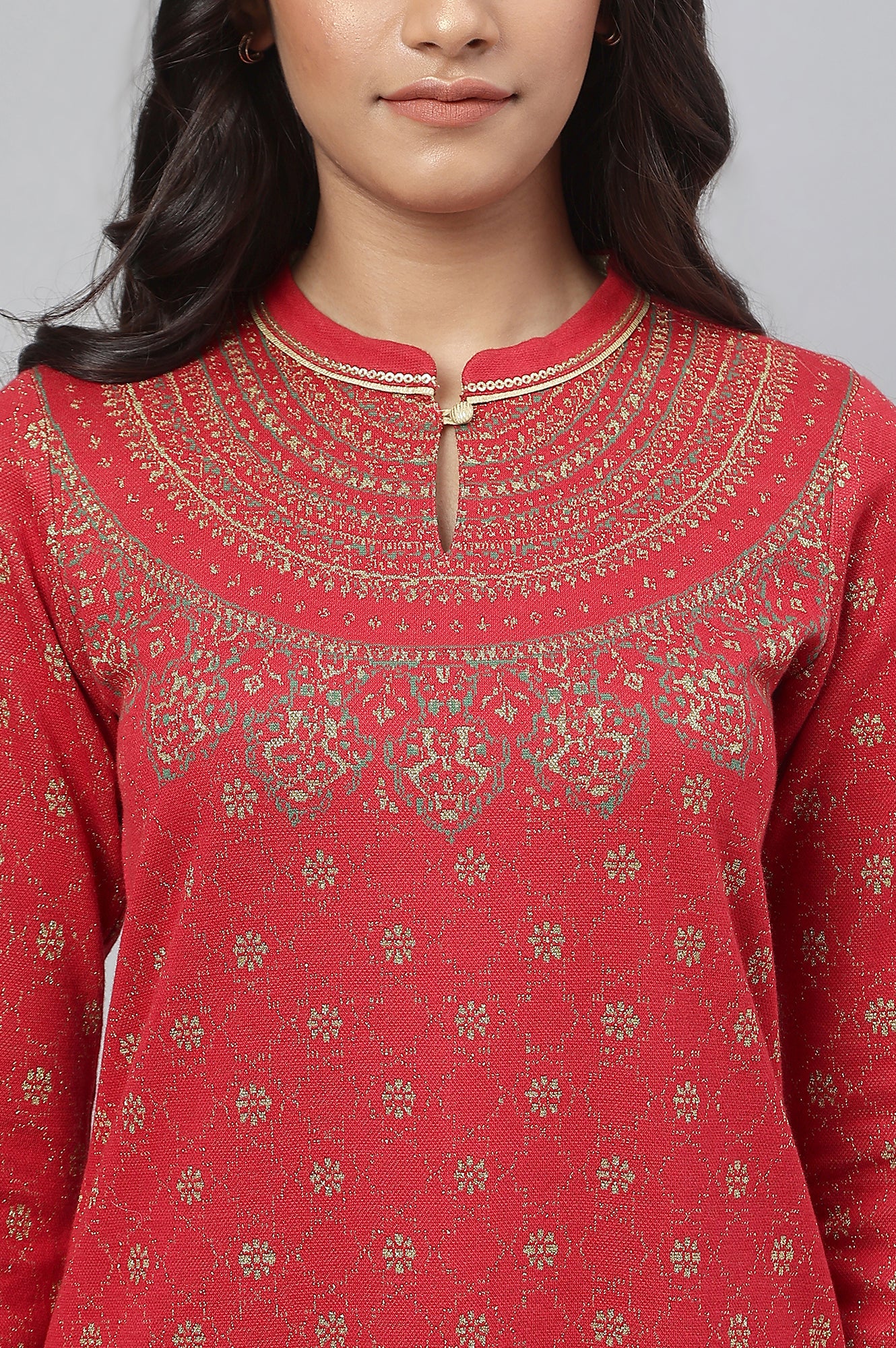 Red Jacquard Winter kurta with Green Printed Palazzo Pants Set