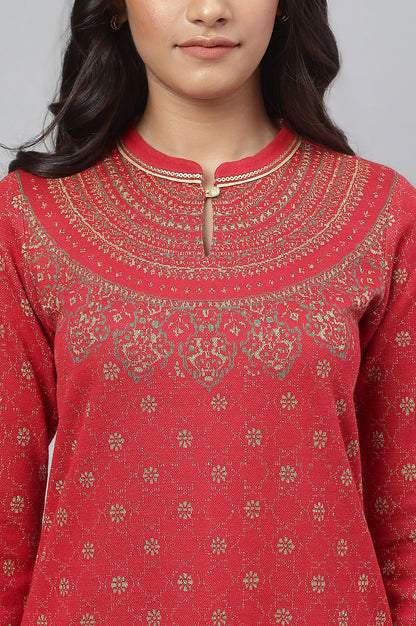 Red Jacquard Winter kurta with Green Printed Palazzo Pants Set