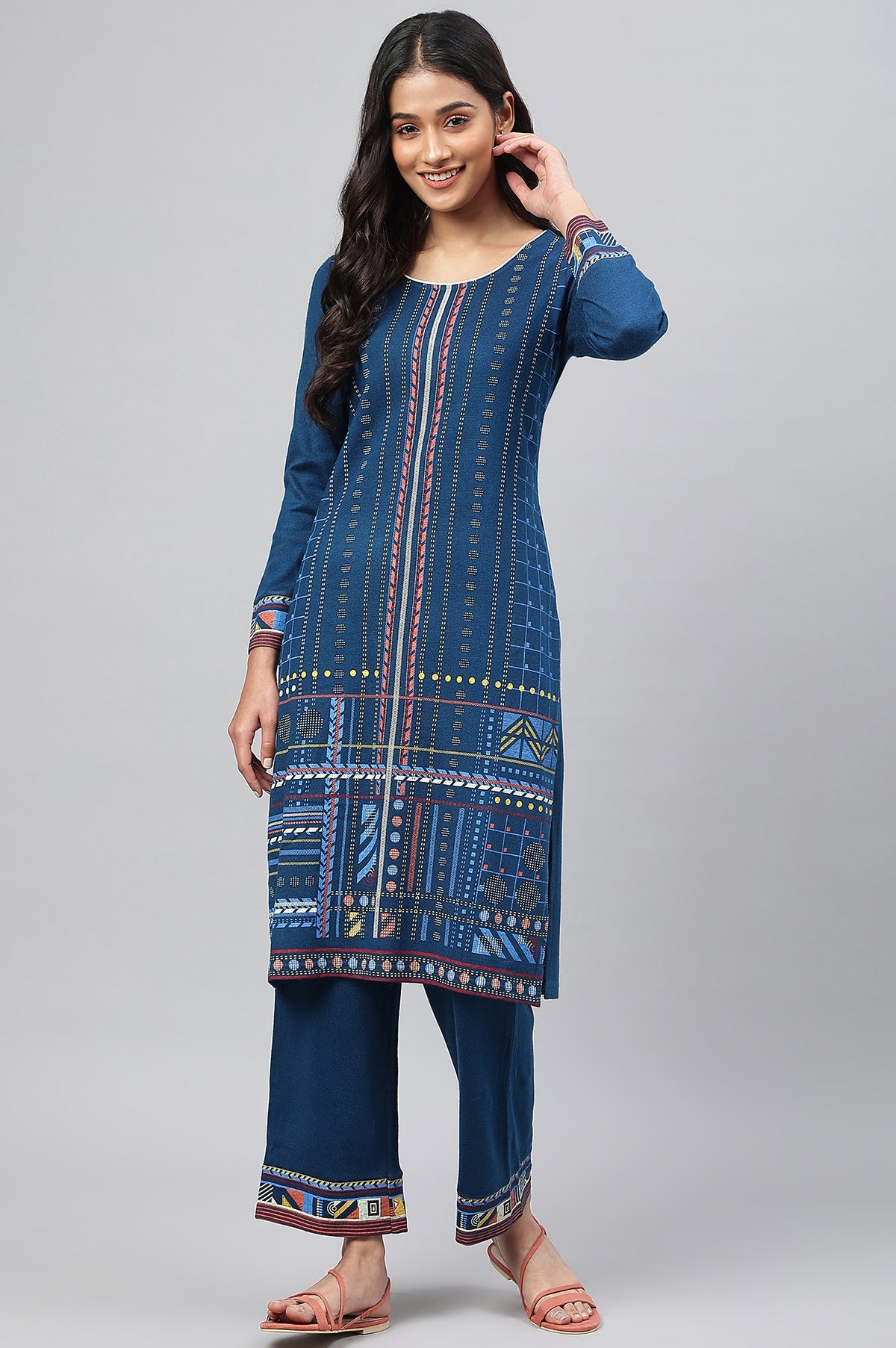 Blue Printed Winter kurta with Straight Palazzos - XS