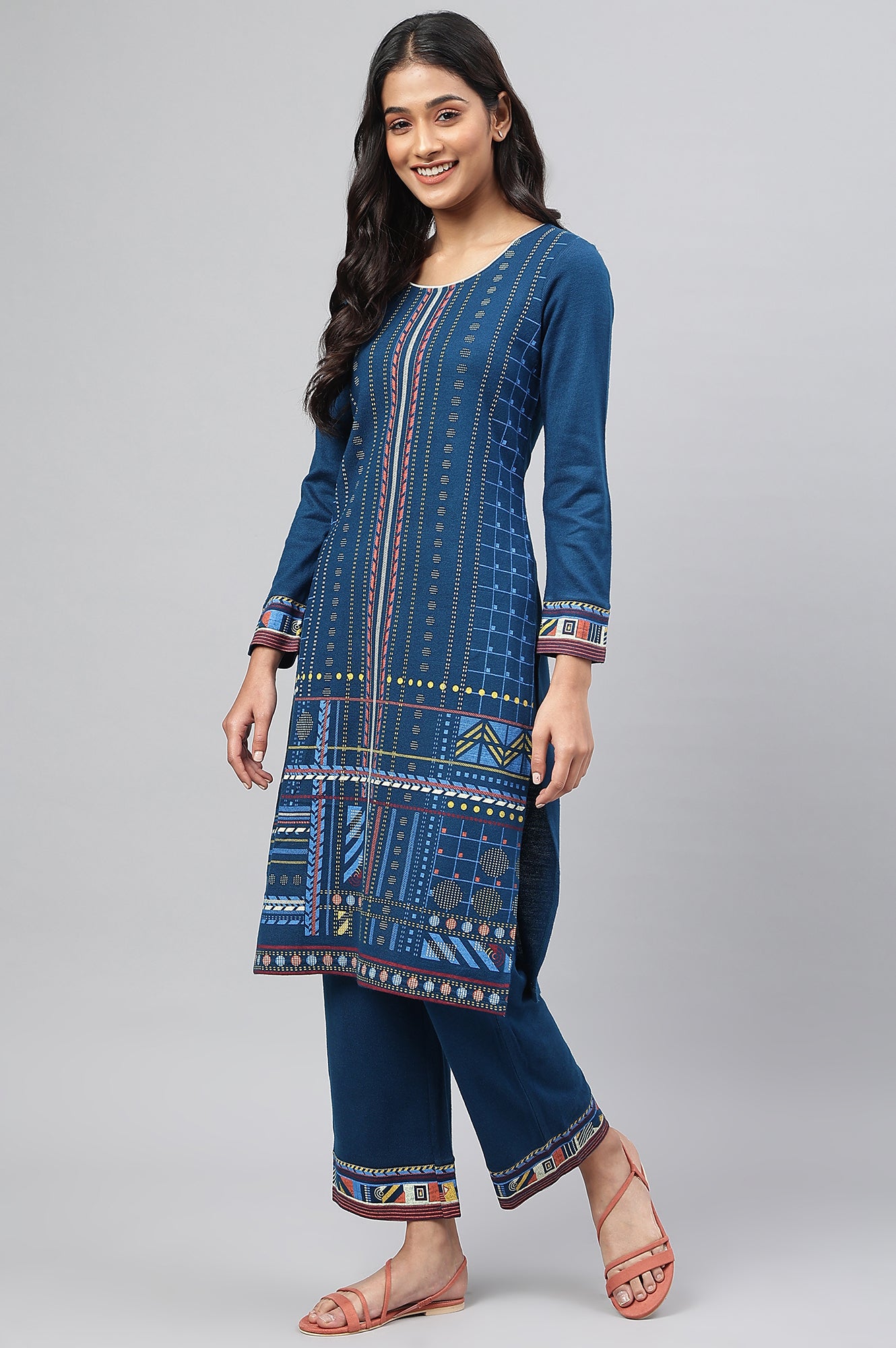 Blue Printed Winter kurta with Straight Palazzos